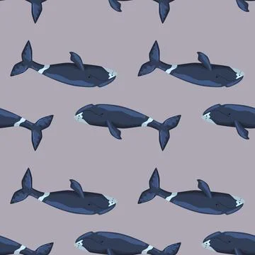 Seamless pattern Bowhead whale on gray background. Template of cartoon charac Stock Illustration