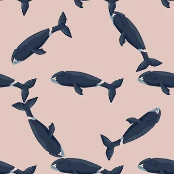 Seamless pattern Bowhead whale on pink background. Template of cartoon charac Stock Illustration