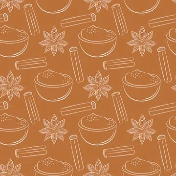 Seamless pattern with bowl of ground cinnamon, stick and star anise in line art Stock Illustration