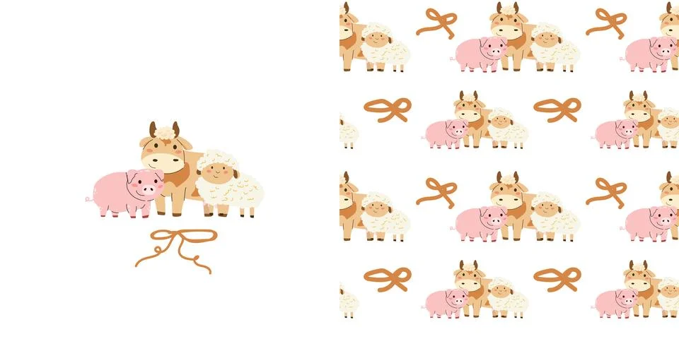 Seamless pattern with bows and farm animals print. Cute cow, sheep and pig .. Stock Illustration