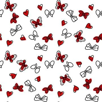 Seamless pattern with bows and heats. Romantic decorative pattern. Doodle イラスト素材
