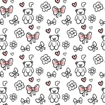 Seamless pattern with bows, flowers and hearts. Romantic decorative pattern Stock Illustration