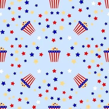 Seamless pattern with box of popcorn of color of American flag. Red blue whit Stock Illustration