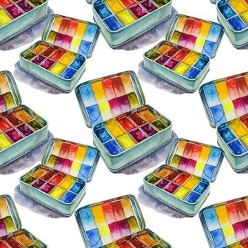 Seamless pattern box watercolor multicolor paints isolated on white background Stock Illustration