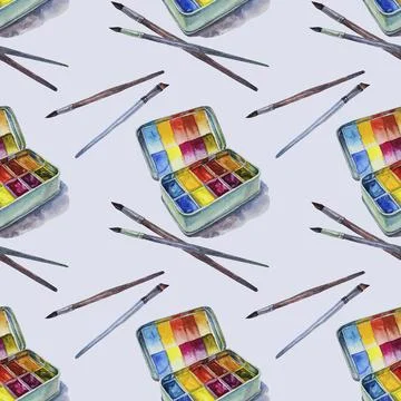 Seamless pattern box watercolor multicolor paints and brush on blue background Stock Illustration