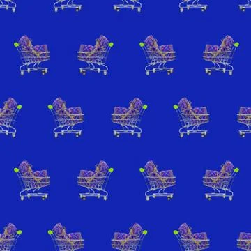 A seamless pattern, boxes in festive packaging lie in shopping trolleys, blue Stock Photos