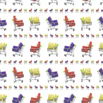 Seamless pattern, boxes in festive packaging lie in shopping carts, red, blue Stock-Fotos