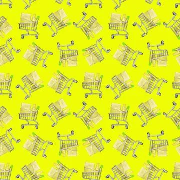 A seamless pattern, boxes in festive packaging lie in shopping carts, yellow  Stock Photos