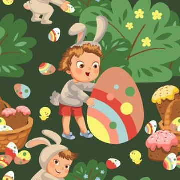 Seamless pattern boy smile hunting decorative chocolate egg under brush in Stock Illustration