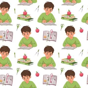 Seamless Pattern with Boy Writing in Notebook and Books. Education and Study Stock Illustration