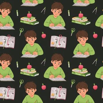 Seamless Pattern with Boy Writing in Notebook and Books. Education and Study 스톡 일러스트