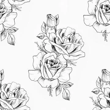 Seamless pattern of a branch of beautiful roses on a white background. Stock Illustration
