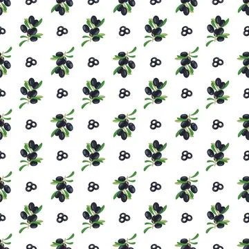 Seamless pattern with branch of black olives with fruits and leaves Illustrazione stock