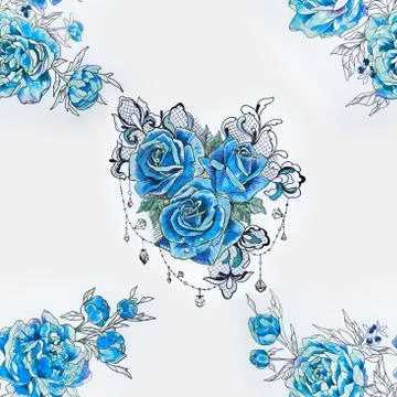 Seamless pattern of a branch of blue roses and peonies on a white background. 스톡 일러스트