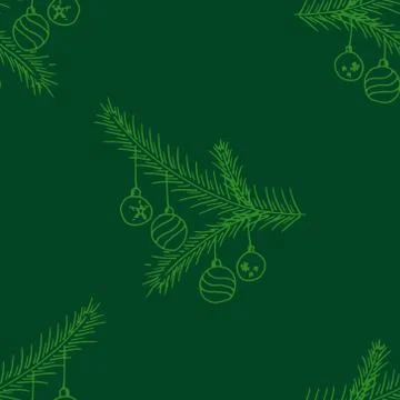 Seamless pattern from a branch of a Christmas tree with balls. Hand drawn bra Stock Illustration