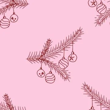 Seamless pattern from a branch of a Christmas tree with balls. Hand drawn bra Stock Illustration