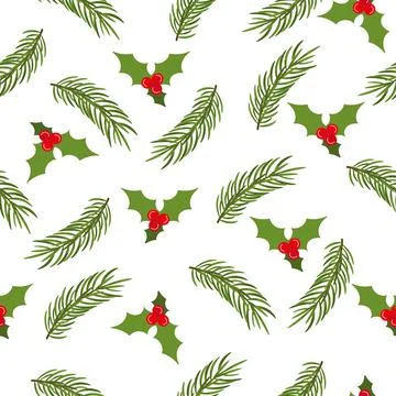 Seamless pattern with branch of fir and mistletoe Stock Illustration