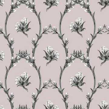 Seamless pattern with .branch with flowers. Pencil drawing illustration. Stock Illustration
