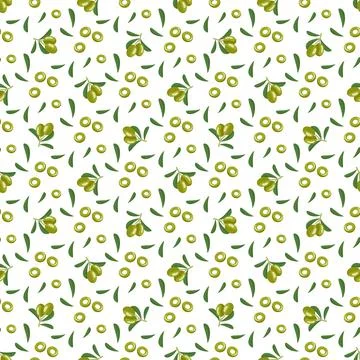 Seamless pattern with branch of green olives with fruits and leaves Stock Illustration