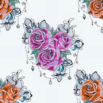 Seamless pattern of a branch from orange and purple roses on a white background. Stock Illustration