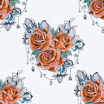 Seamless pattern of a branch from orange roses on a white background. Stock Illustration