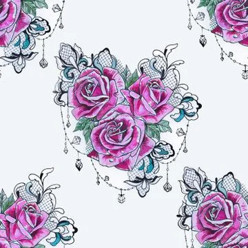 Seamless pattern of a branch from purple roses on a white background. Stock Illustration