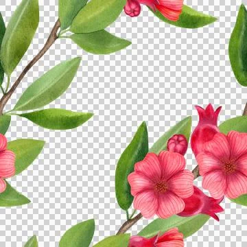 Seamless pattern with a branch with red flowers and green foliage. Hand-drawn Illustrazione stock