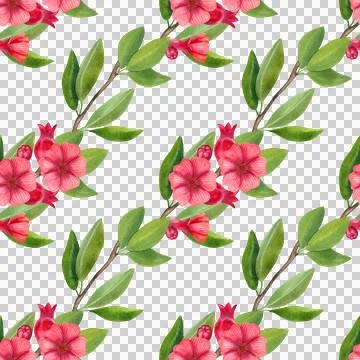 Seamless pattern with a branch with red flowers, pomegranates and green foliage. イラスト素材