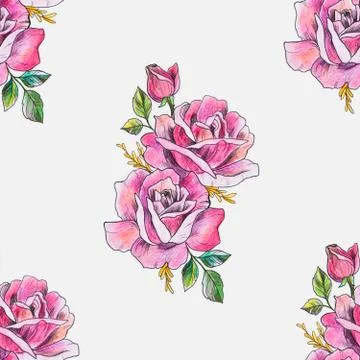 Seamless pattern of a branch of red roses on a white background. 스톡 일러스트