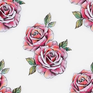 Seamless pattern of a branch of red roses on a white background. Stock Illustration