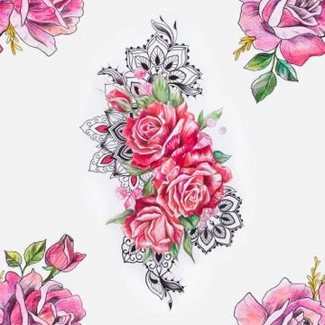 Seamless pattern of a branch of red roses on a white background. 스톡 일러스트