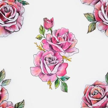 Seamless pattern of a branch of red roses on a white background. Stock Illustration