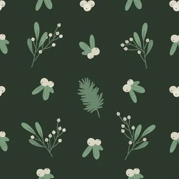 Seamless pattern with branch, snowberry and plants Stock Illustration