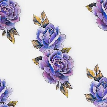 Seamless pattern of a branch of violet roses on a white background. Stock Illustration