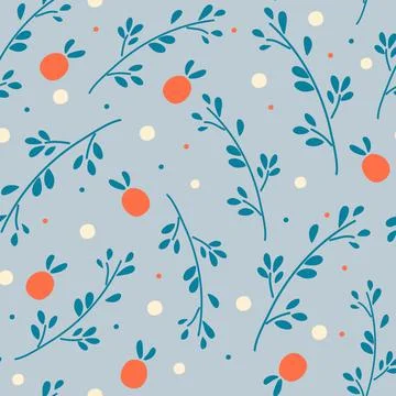 Seamless pattern with branches and berries. Red berries on blue background pa Stock Illustration