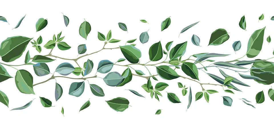 Seamless pattern with branches and green leaves. Spring or summer stylized Stock Illustration