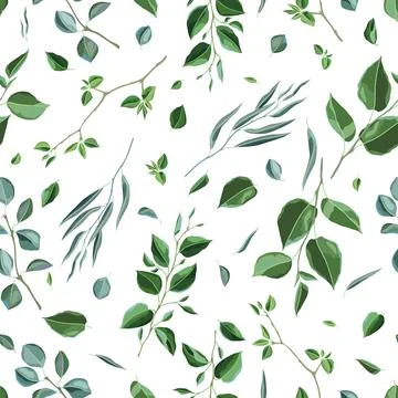 Seamless pattern with branches and green leaves. Spring or summer stylized Stock Illustration