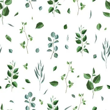 Seamless pattern with branches and green leaves. Spring or summer stylized Stock Illustration