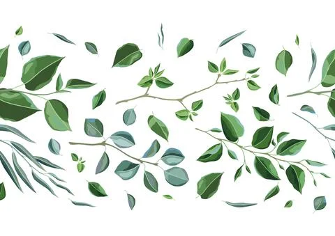 Seamless pattern with branches and green leaves. Spring or summer stylized Stock Illustration