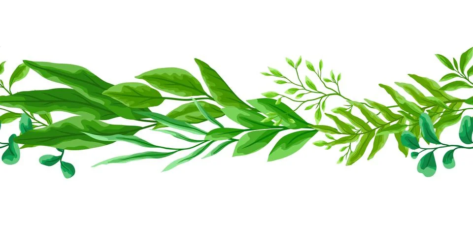 Seamless pattern with branches and green leaves. Spring or summer stylized Illustrazione stock