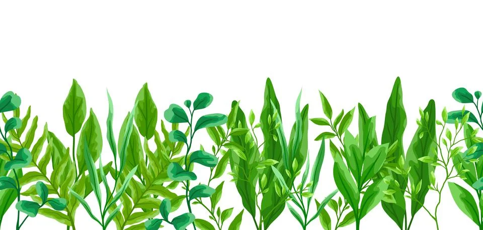 Seamless pattern with branches and green leaves. Spring or summer stylized Stock Illustration