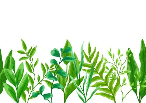 Seamless pattern with branches and green leaves. Spring or summer stylized Stock Illustration