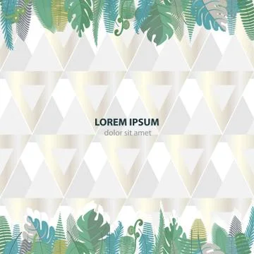 Seamless pattern with branches and leaves of palm and fern on a light gray ba Stock Illustration