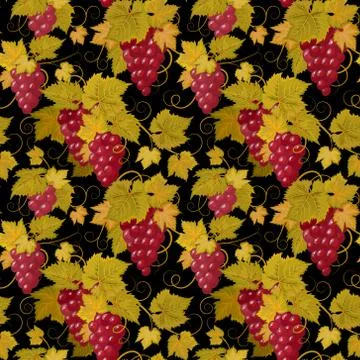 Seamless pattern with branches, leaves and berries of grapes on a black Stock Illustration
