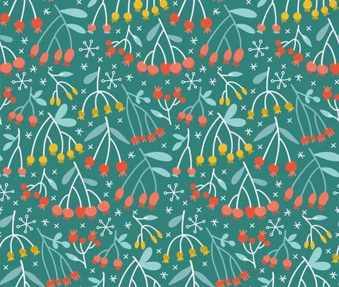 Seamless pattern with branches, leaves and berries on a dark green background Stock Illustration
