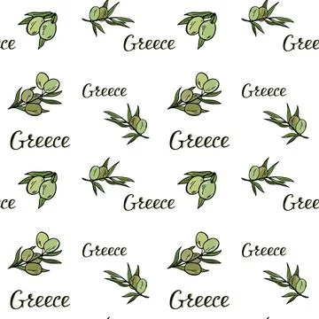 Seamless pattern from branches of olives and the inscriptions of greece. Vector. Stock Illustration