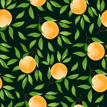 Seamless pattern with branches of oranges and green leaves on dark background Stock Illustration