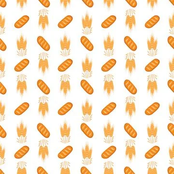 Seamless pattern with bread and ears of wheat on white background Stock Illustration