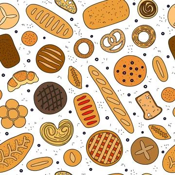 Seamless pattern with bread and pastries. Illustrazione stock