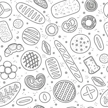 Seamless pattern with bread and pastries. Stock Illustration